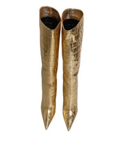 Gold Leather Stiletto Heels High Boots Shoes