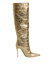 Gold Leather Stiletto Heels High Boots Shoes