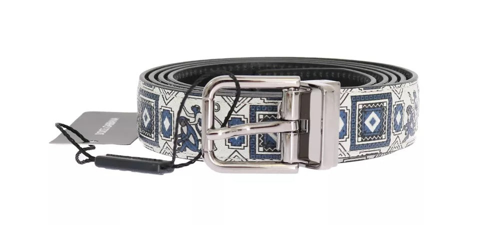 White Blue Silk Bowtie Leather Belt Gift Box Set