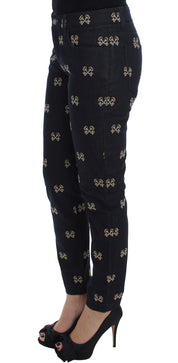 Blå nyckel broderade smala passform KATE-jeans