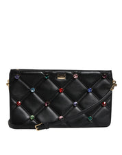 Black Leather Crystal Embellished Logo Shoulder Bag