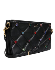 Black Leather Crystal Embellished Logo Shoulder Bag
