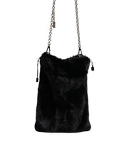 Black Faux Fur Silver Chain Crossbody Shoulder Purse Bag