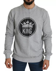 Gray Crown King Print Cotton Pullover Sweater