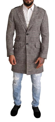 Grårutig rutig lång trenchcoatjacka