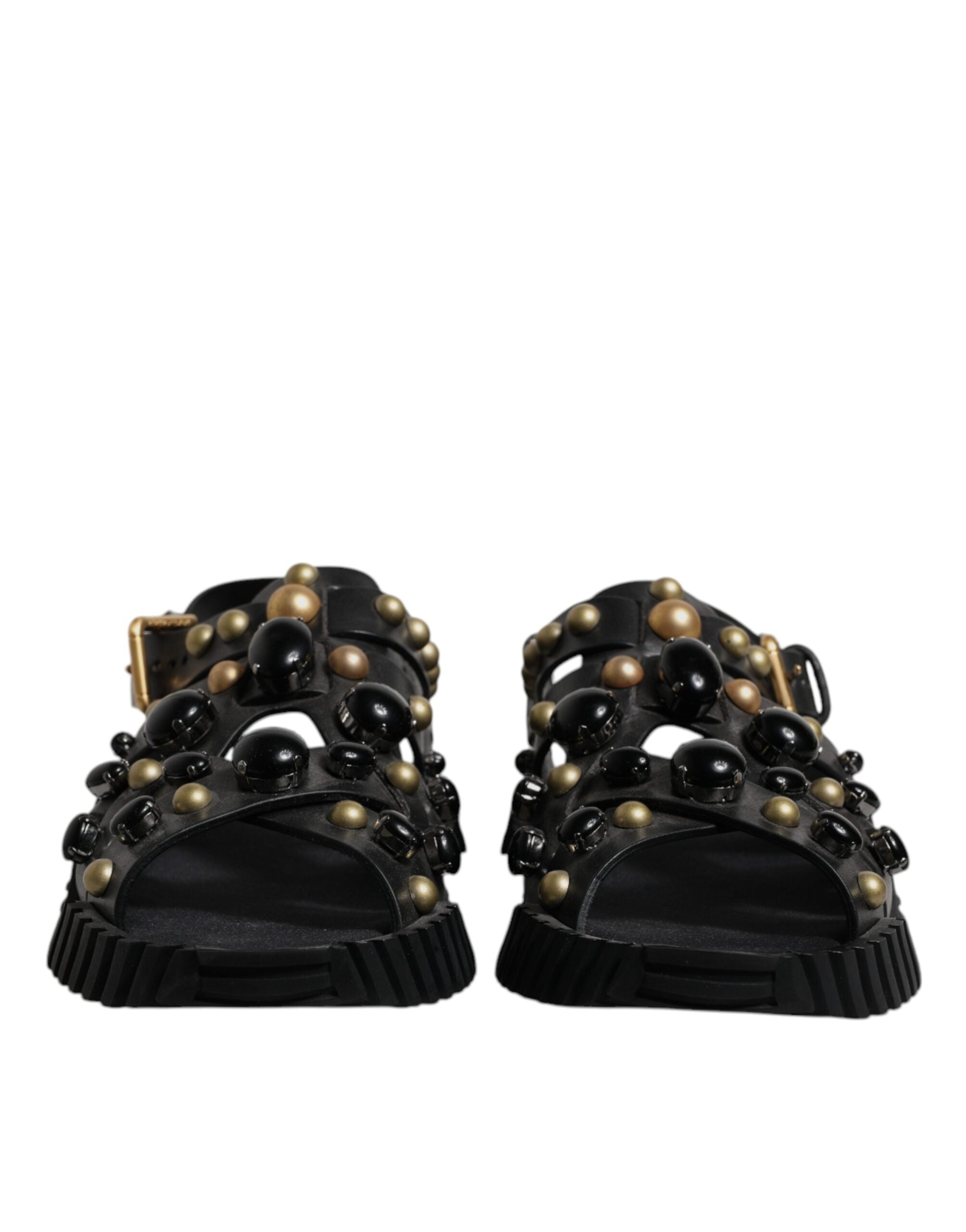 Dolce & Gabbana Black Calfskin Leather Slides Sandals