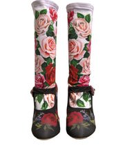 Black Floral Socks Crystal Boots Jersey Shoes