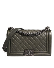 Dark Green Leather Shoulder Bag Gray Metal Purse Bag