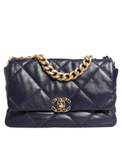 Blue Leather Large Quilted Chain Hand Shoulder Bag