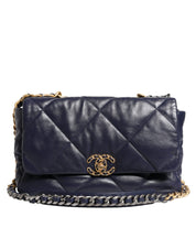 Blue Leather Large Quilted Chain Hand Shoulder Bag