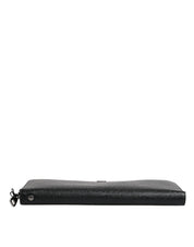 Black Calfskin Leather Logo Zip Around Continental Wallet