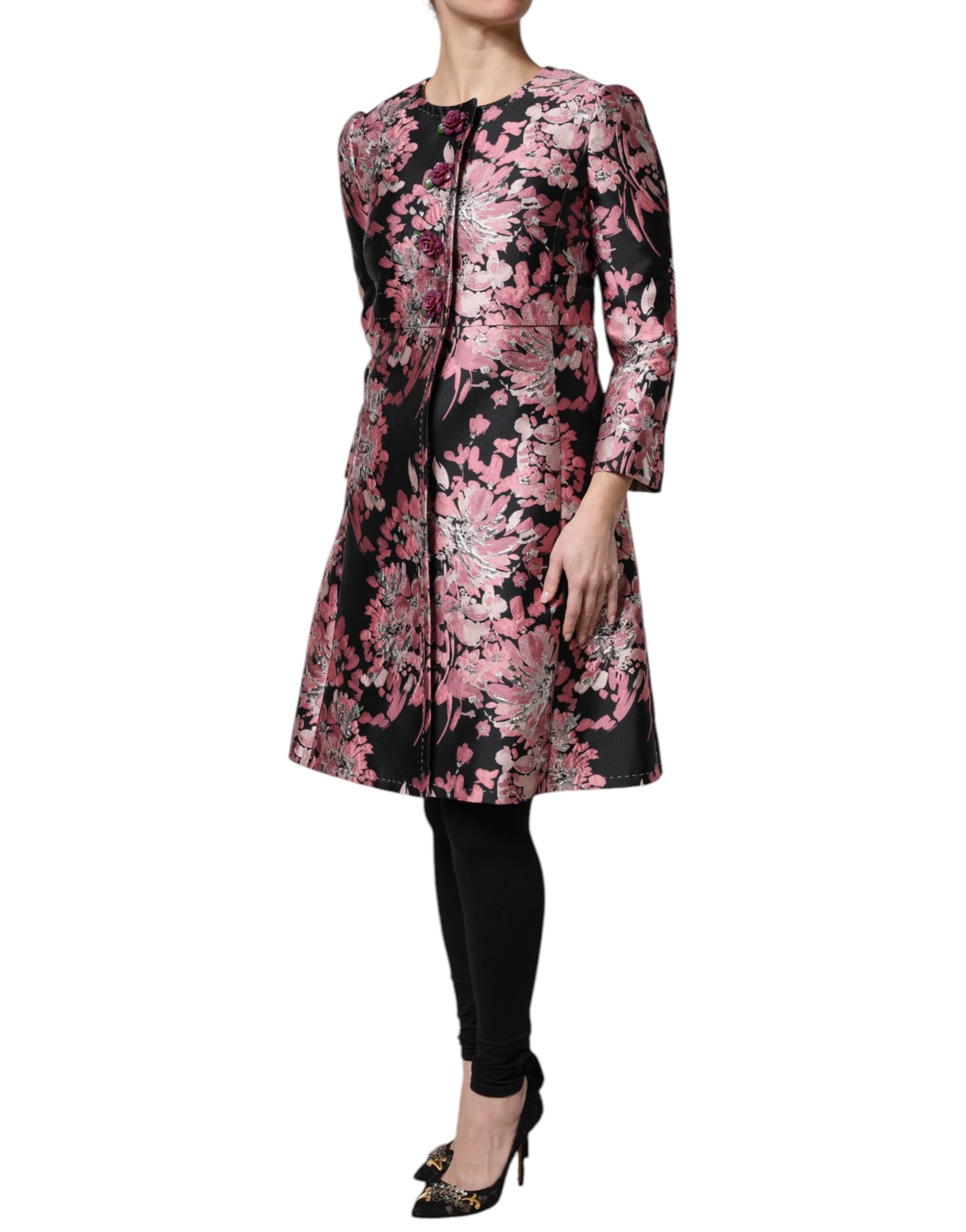 Rosa Svart Blommig Brokad Trenchcoat Jacka