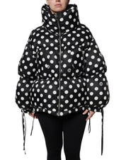 Black White Polka Dot Full Zip Puffer Jacket