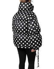Black White Polka Dot Full Zip Puffer Jacket