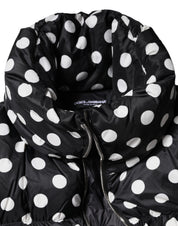 Black White Polka Dot Full Zip Puffer Jacket