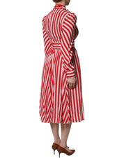 White Red Stripes Long Sleeves Midi Dress