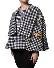 Black White Monochrome Patterned Floral Cape Jacket