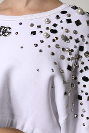 White Embellished Long Sleeve Cropped Sweater