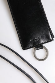 Black Leather Logo Embossed Lanyard Card Holder Wallet