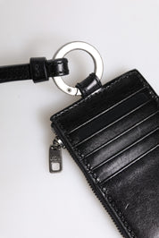 Black Leather Logo Embossed Lanyard Card Holder Wallet