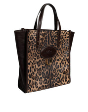 Brown Leopard Leather Shoulder Strap Tote Bag