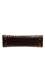 Brown Leopard Leather Shoulder Strap Tote Bag