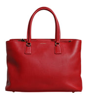 Red Calfskin Leather Logo Plaque Top Handle Bag