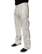 White Linen Mid Waist Straight Men Denim Jeans