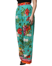 Green Silk Printed Straight Pants