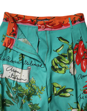 Green Silk Printed Straight Pants