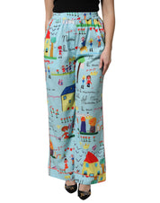 Light Blue Drawing Mid Waist Wide Leg Pants