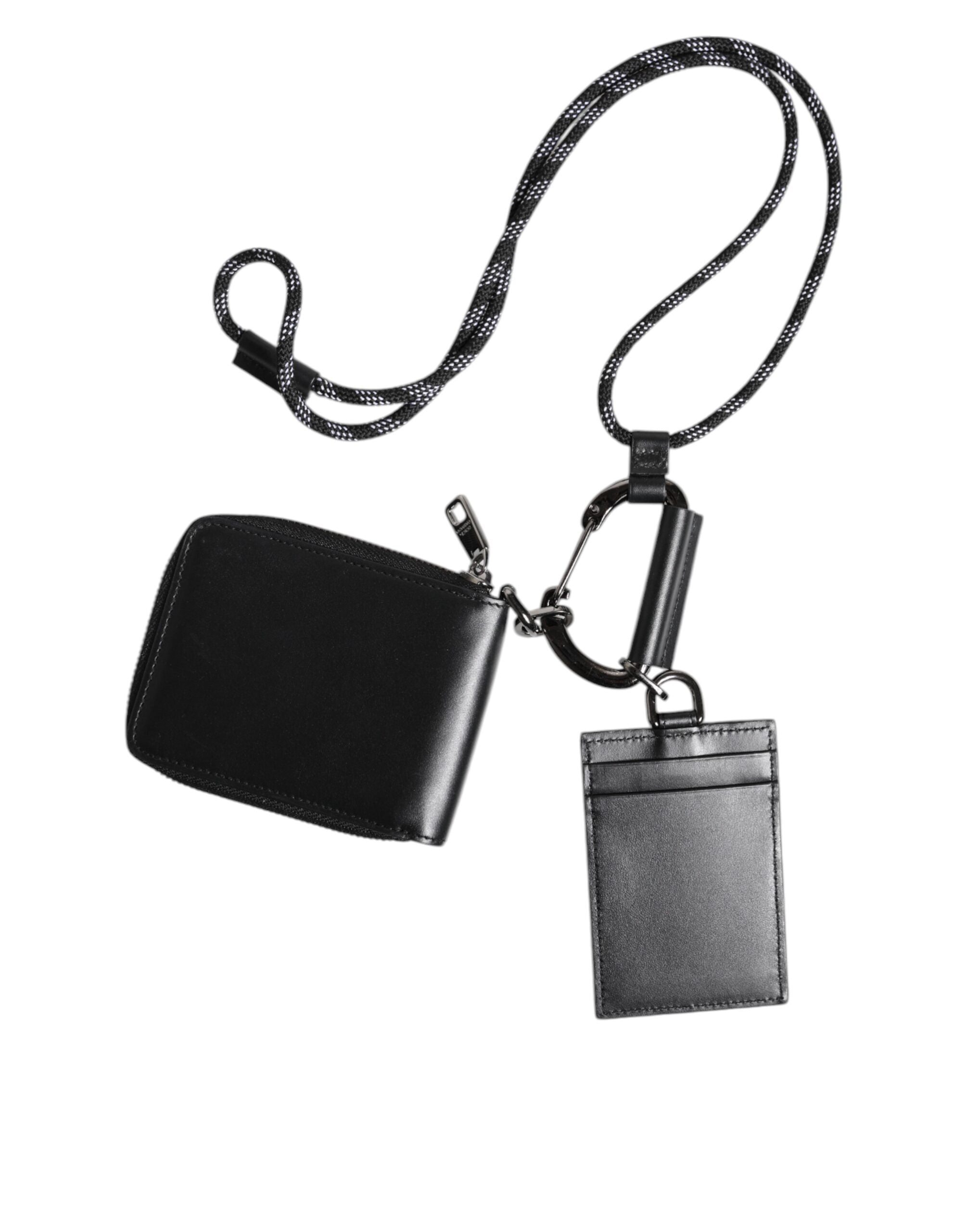 Svart läder kortplånbok med dragkedja och halsband.