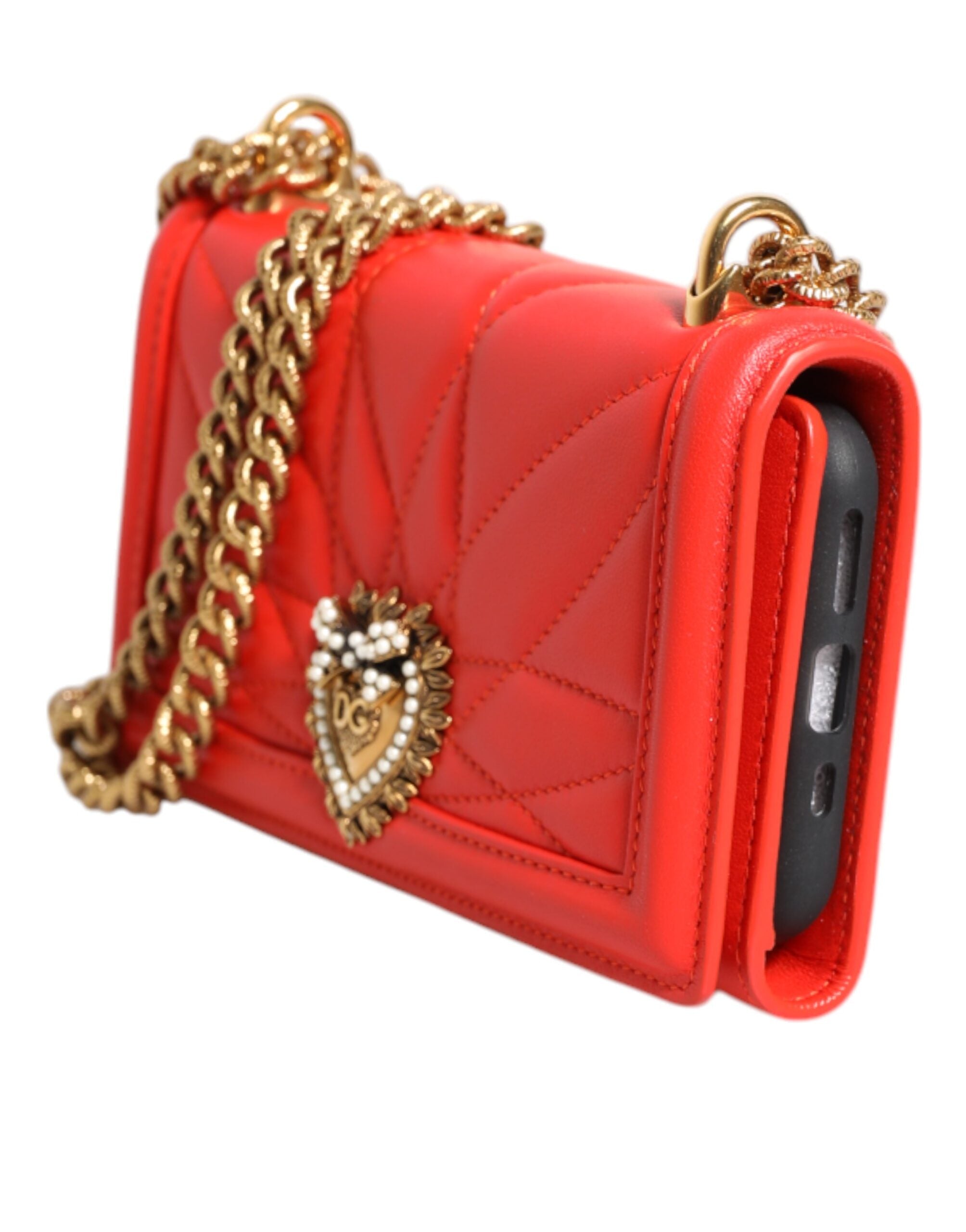 Röd läderfodrade, quiltade Crossbody-mobilfodralväska med Devotion-motiv