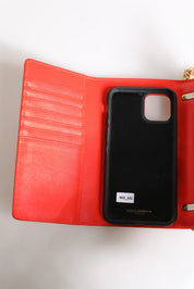 Röd läderfodrade, quiltade Crossbody-mobilfodralväska med Devotion-motiv