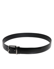Black Shiny Leather Silver Metal Buckle Belt