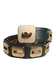 Green Leather Gold Tone Rotating Buckle Belt