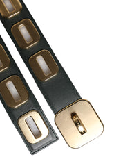 Green Leather Gold Tone Rotating Buckle Belt