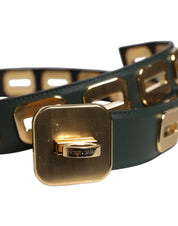 Green Leather Gold Tone Rotating Buckle Belt