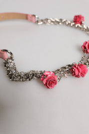 Pink Embelished Roses Textured Leather Belt