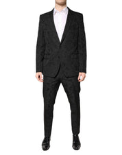Black Polyester Floral Jacquard 2 Piece Suit
