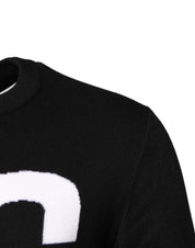 Black White Knit Logo Print Pullover Sweater