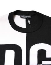 Black White Knit Logo Print Pullover Sweater