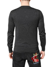 Gray Embroidery Knit Men Pullover Sweater