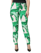 White Green Leaf High Waist Pants