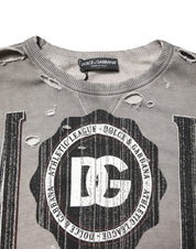 Gray Logo Print Crew Neck Pullover Sweater