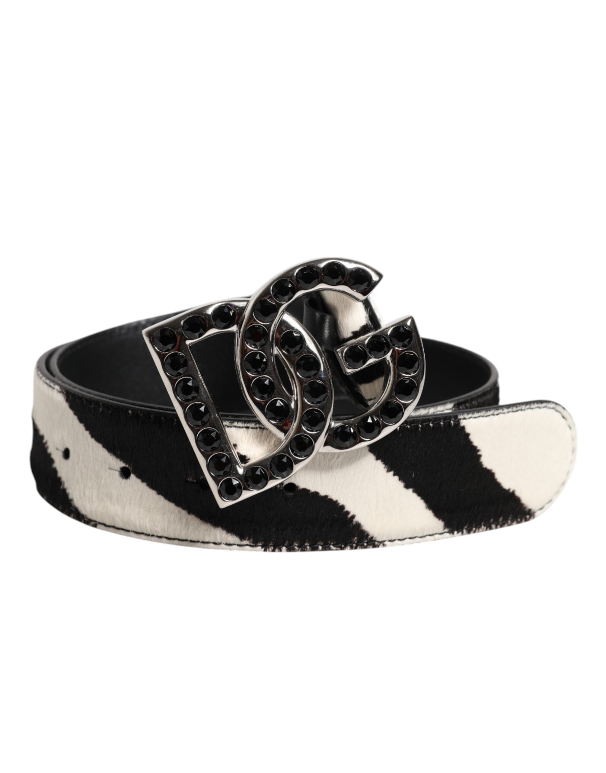 Vit-svart läderbälte med zebra- och kristallspänne från Dolce &amp; Gabbana