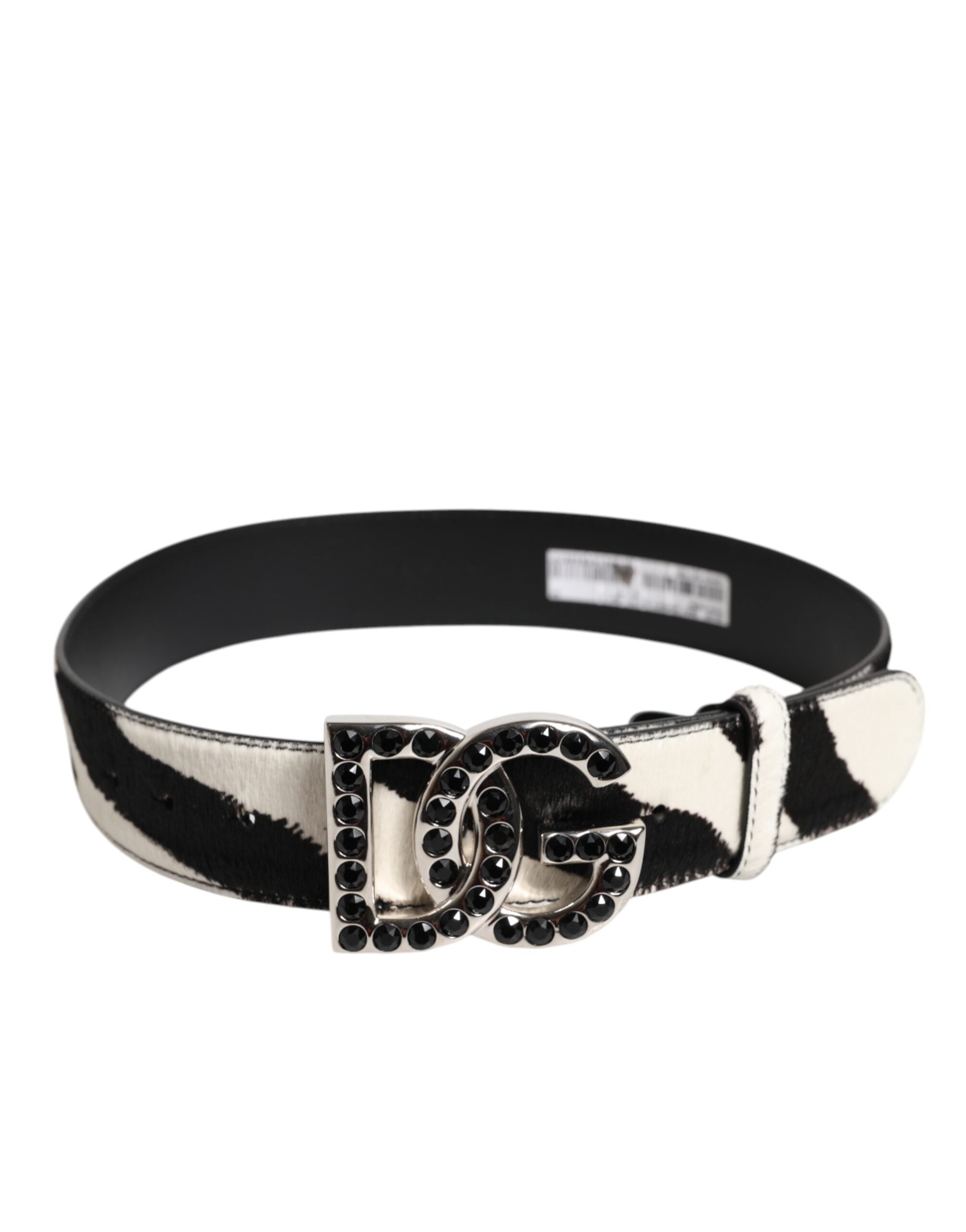 Vit-svart läderbälte med zebra- och kristallspänne från Dolce &amp; Gabbana