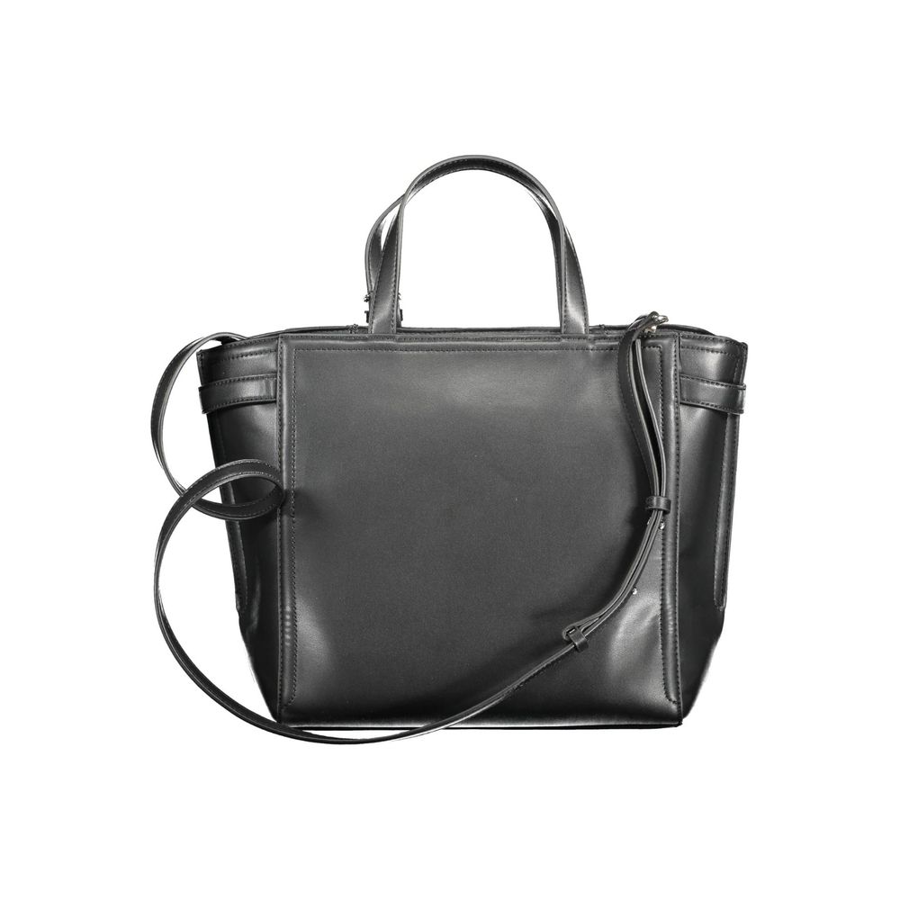 Black leather handbag with a shoulder strap on a white background