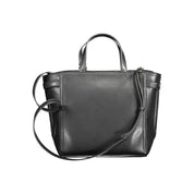 Black leather handbag with a shoulder strap on a white background