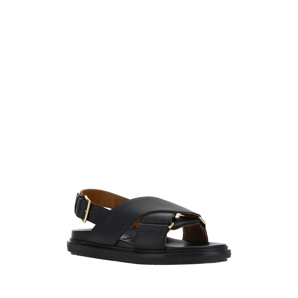 Marni Black Calf Leather Flat Sandals